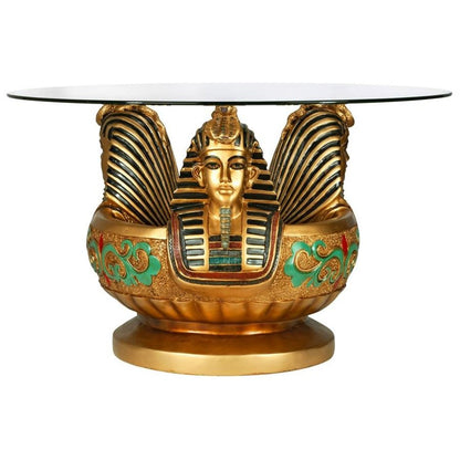 ALDO Tables > Accent Tables Gold / Rasin and Temper Glass Cofee Tea Golden 24 Karat Plated Three Heads of Tutankhamen Sculptural Glass-Topped Table