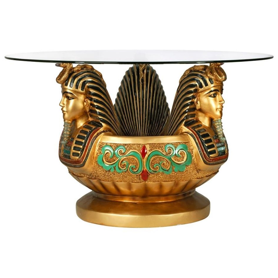 ALDO Tables > Accent Tables Gold / Rasin and Temper Glass Cofee Tea Golden 24 Karat Plated Three Heads of Tutankhamen Sculptural Glass-Topped Table