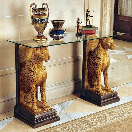ALDO Tables>accent>tables Golden Royal Egyptian Jaguars Sculptural Glass Topped Console Table Covered with Golden Fux Leafs