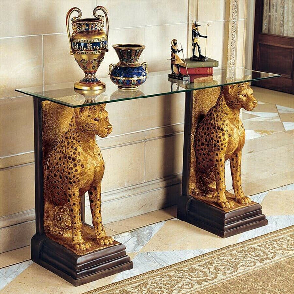 ALDO Tables>accent>tables Golden Royal Egyptian Jaguars Sculptural Glass Topped Console Table Covered with Golden Fux Leafs