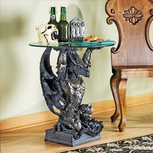 ALDO Tables > Accent Tables Gray Cofee Tea Side Medieval Gothic Warrior Dragon Glass-Topped Sculptural Table by artist Gary Chang