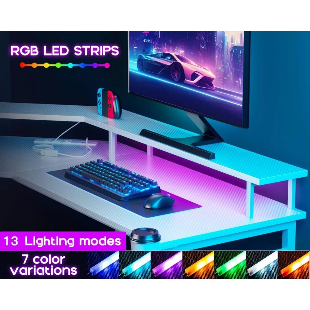 ALDO Tables > Accent Tables L Shaped Modern Gamming Desk, 51 inch Computer Desk with LED Lights & Adjustable Stand, Power Outlets & Storage Drawer