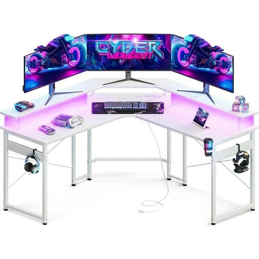 ALDO Tables > Accent Tables L Shaped Modern Gamming Desk, 51 inch Computer Desk with LED Lights & Adjustable Stand, Power Outlets & Storage Drawer