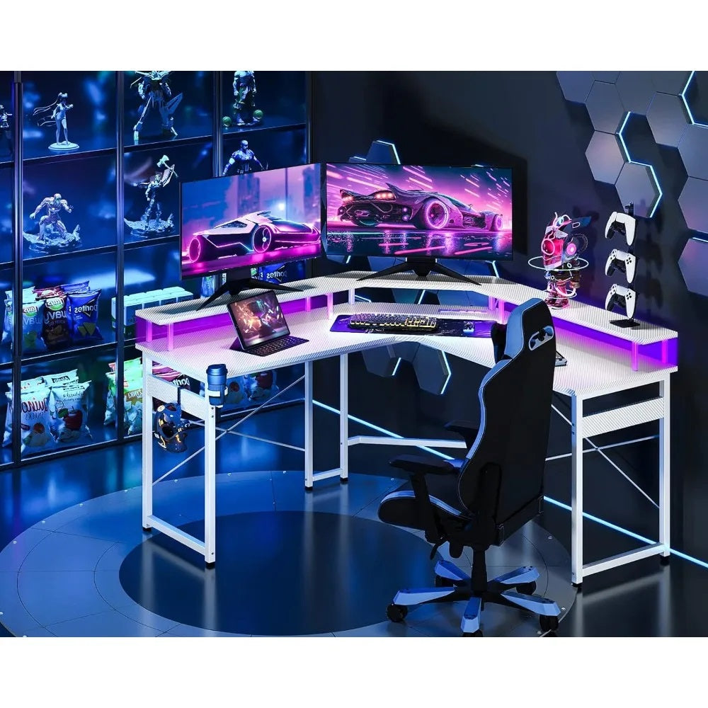ALDO Tables > Accent Tables L Shaped Modern Gamming Desk, 51 inch Computer Desk with LED Lights & Adjustable Stand, Power Outlets & Storage Drawer