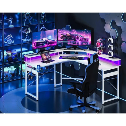 ALDO Tables > Accent Tables L Shaped Modern Gamming Desk, 51 inch Computer Desk with LED Lights & Adjustable Stand, Power Outlets & Storage Drawer