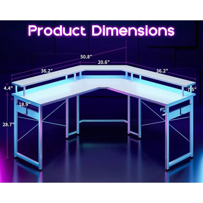 ALDO Tables > Accent Tables L Shaped Modern Gamming Desk, 51 inch Computer Desk with LED Lights & Adjustable Stand, Power Outlets & Storage Drawer