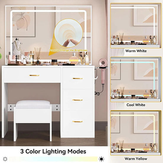 ALDO Tables > Accent Tables Modern White Makeup Vanity Desk with Large Lighted LED Mirror 11 Drawers and Magnifying Glass