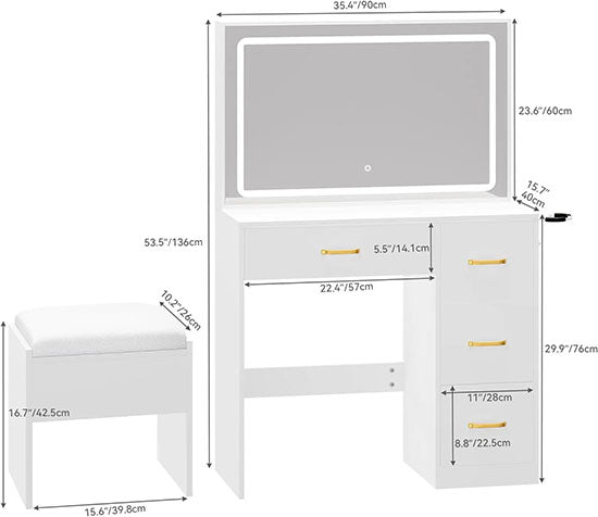 ALDO Tables > Accent Tables Modern White Makeup Vanity Desk with Large Lighted LED Mirror 11 Drawers and Magnifying Glass