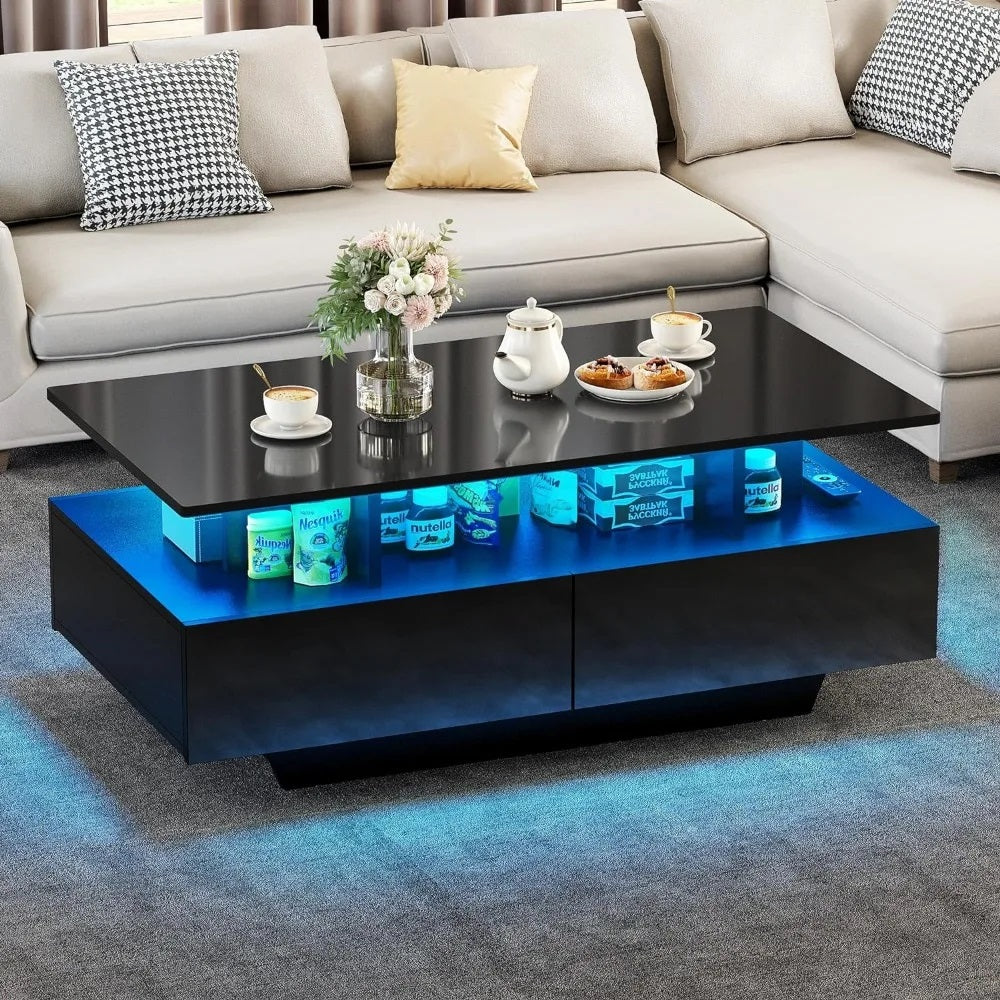 ALDO Tables > Accent Tables new / wood / Black High Gloss Modern Coffee Table With RGB LED Light Black  and White Rectangular Coffee Table for Living Room With Storage Compartment and Remote Control