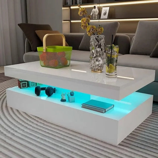 ALDO Tables > Accent Tables new / wood High Gloss Modern Coffee Table With RGB LED Light White Rectangular Coffee Table for Living Room With Remote Control