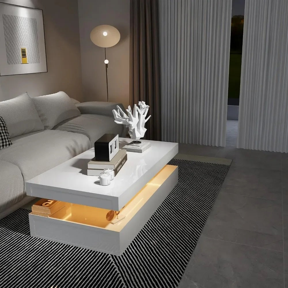 ALDO Tables > Accent Tables new / wood High Gloss Modern Coffee Table With RGB LED Light White Rectangular Coffee Table for Living Room With Remote Control