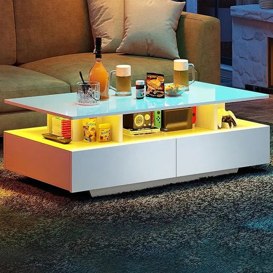 ALDO Tables > Accent Tables new / wood / White High Gloss Modern Coffee Table With RGB LED Light Black  and White Rectangular Coffee Table for Living Room With Storage Compartment and Remote Control