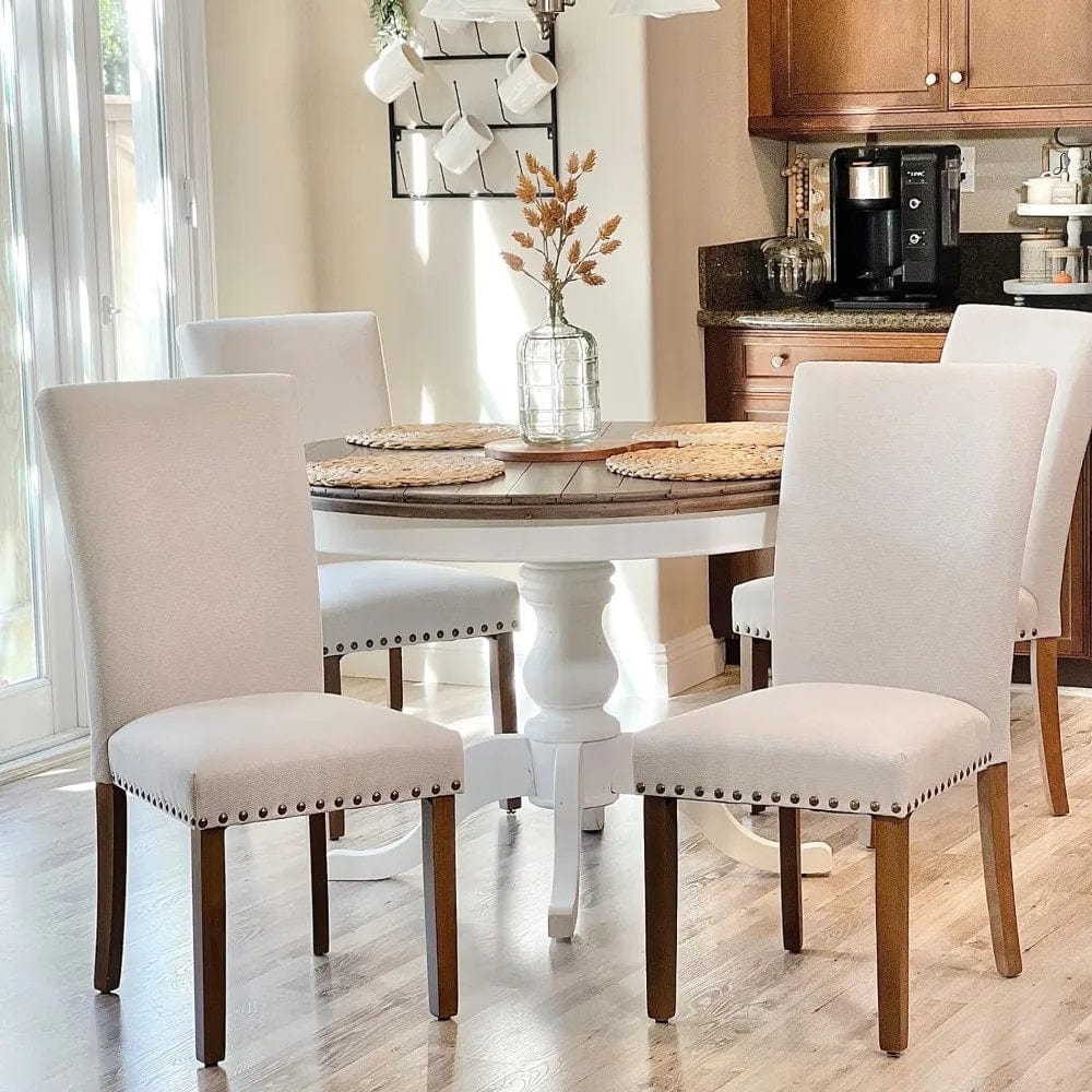 ALDO Tables > Accent Tables Upholstered Parsons Elegant Dining Round Table with Chairs Set of 4, Fabric with Nailhead Trim and Wood Legs