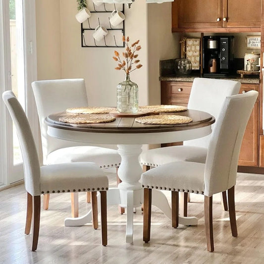 ALDO Tables > Accent Tables Upholstered Parsons Elegant Dining Round Table with Chairs Set of 4, Fabric with Nailhead Trim and Wood Legs