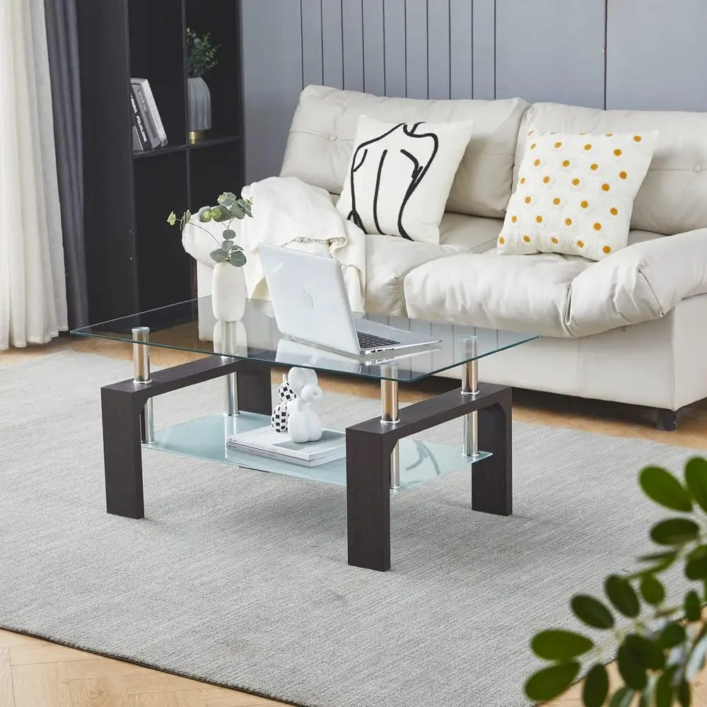 ALDO Tables > Accent Tables Walnut Modern Rectangle Wood Coffee Table With Glass Top