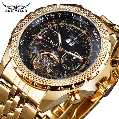 Jaragar Décor > Watches Gold Black Face Aviator Man's Luxury Wrist Sport Multifunction Watch Automatic Tourbillion Design Movement Date Day,Week & Month Calendar Waterproof