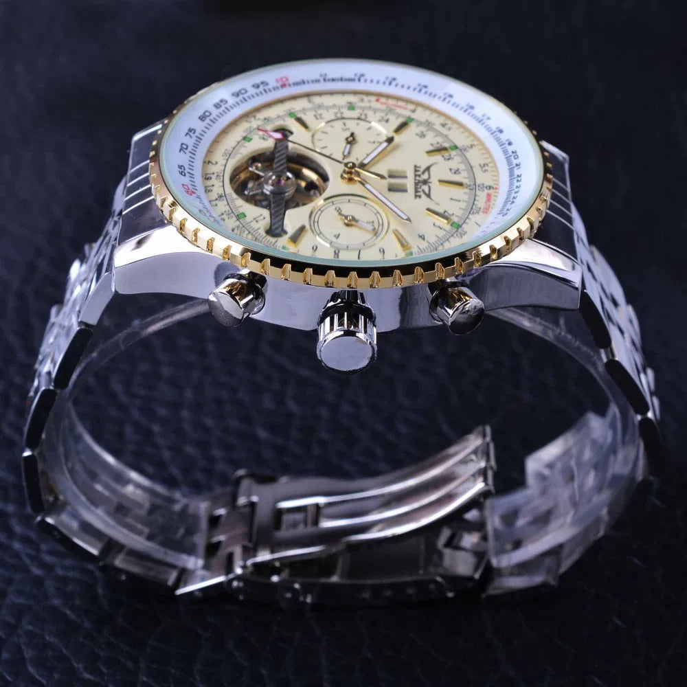 Jaragar Décor > Watches Gold White face Aviator BRTL Man's Luxury Wrist Sport Multifunction Watch Automatic Tourbillion Design Movement Date Day,Week & Month Calendar Waterproof
