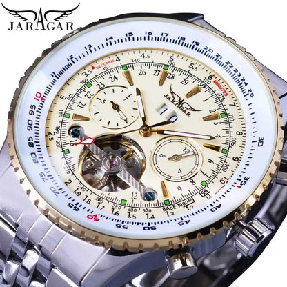 Jaragar Décor > Watches Gold White face Aviator BRTL Man's Luxury Wrist Sport Multifunction Watch Automatic Tourbillion Design Movement Date Day,Week & Month Calendar Waterproof