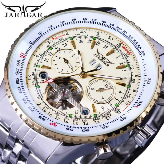 Jaragar Décor > Watches Gold White face Aviator BRTL Man's Luxury Wrist Sport Multifunction Watch Automatic Tourbillion Design Movement Date Day,Week & Month Calendar Waterproof