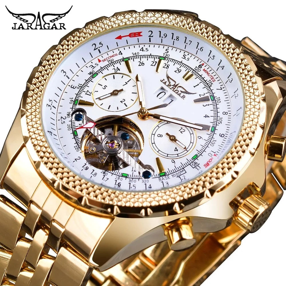 Jaragar Décor > Watches Gold White face Aviator Man's Luxury Wrist Sport Multifunction Watch Automatic Tourbillion Design Movement Date Day,Week & Month Calendar Waterproof