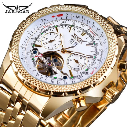 Jaragar Décor > Watches Gold White face Aviator Man's Luxury Wrist Sport Multifunction Watch Automatic Tourbillion Design Movement Date Day,Week & Month Calendar Waterproof