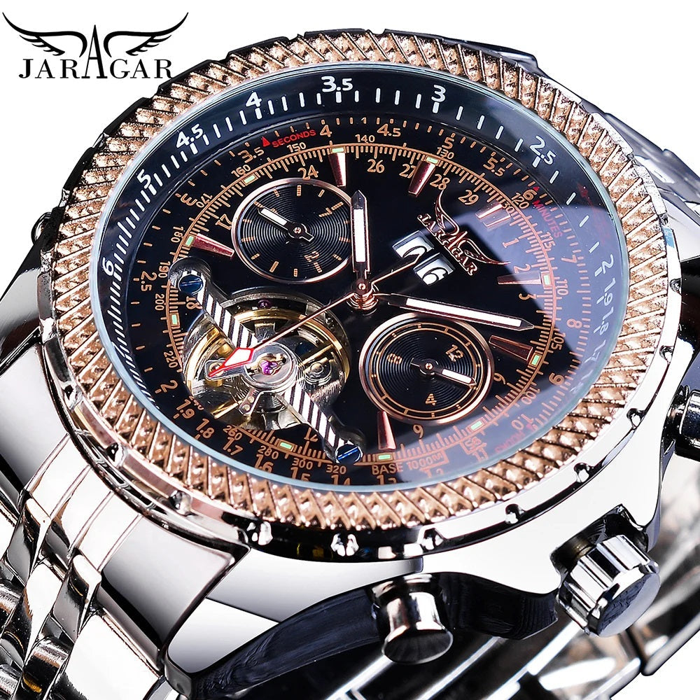 Jaragar Décor > Watches Silver Black Face Aviator Man's Luxury Wrist Sport Multifunction Watch Automatic Tourbillion Design Movement Date Day,Week & Month Calendar Waterproof