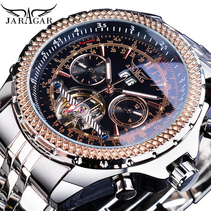 Jaragar Décor > Watches Silver Black Face Aviator Man's Luxury Wrist Sport Multifunction Watch Automatic Tourbillion Design Movement Date Day,Week & Month Calendar Waterproof