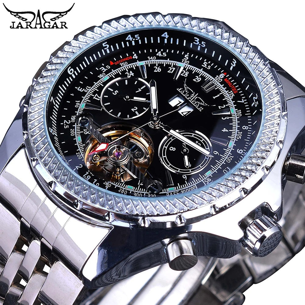 Jaragar Décor > Watches Silver Black face Aviator Man's Luxury Wrist Sport Multifunction Watch Automatic Tourbillion Design Movement Date Day,Week & Month Calendar Waterproof