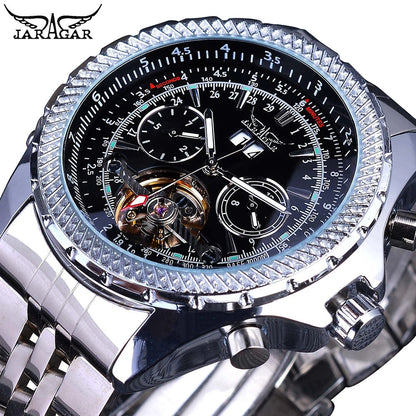 Jaragar Décor > Watches Silver Black face Aviator Man's Luxury Wrist Sport Multifunction Watch Automatic Tourbillion Design Movement Date Day,Week & Month Calendar Waterproof