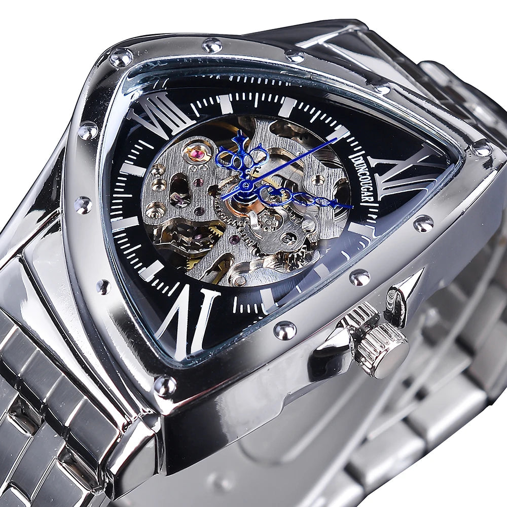 Jaragar Décor > Watches Silver on Black Face Aviator DUNCOUGAR Man's Luxury Wrist Sport Black Triangle Skeleton Watch Automatic Design Movement Waterproof