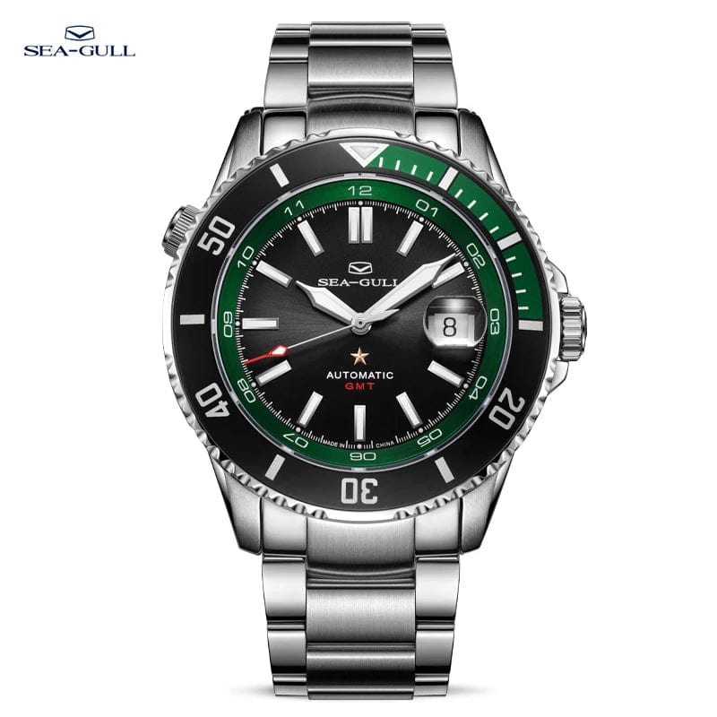 Jaragar Décor > Watches Steel belt  Green Sea- Gull Original Official World Famous  Man's Luxury Ocean Star Dual Time Zone Wristwatch Sport 200 Diving Waterproof Automatic Movement
