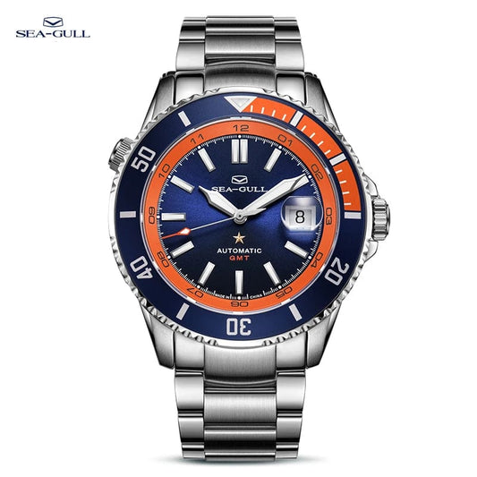 Jaragar Décor > Watches Steel belt Orange Sea- Gull Original Official World Famous  Man's Luxury Ocean Star Dual Time Zone Wristwatch Sport 200 Diving Waterproof Automatic Movement